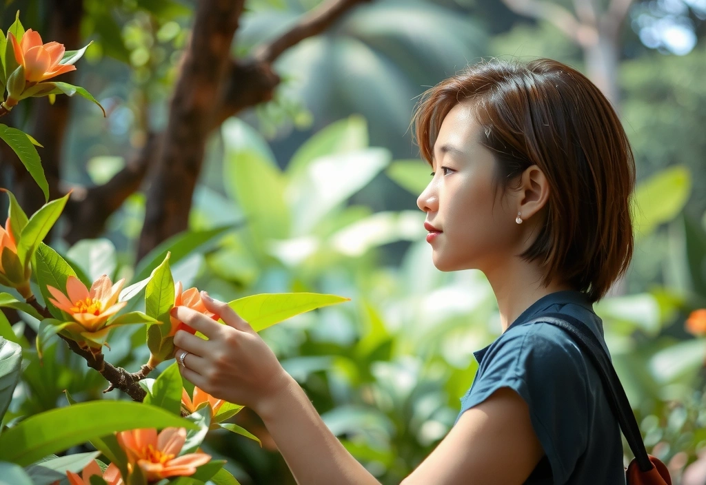 A person in a lush garden, carefully inspecting botanical ingredients, symbolizing the origin story of Vitality & Glow UK.