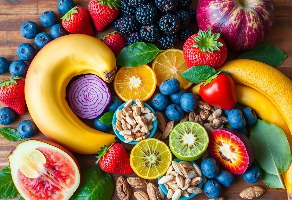 Array of colorful superfoods on a wooden table
