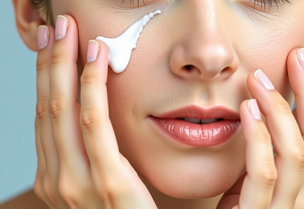 Close-up of a woman applying a natural face cream, glowing skin