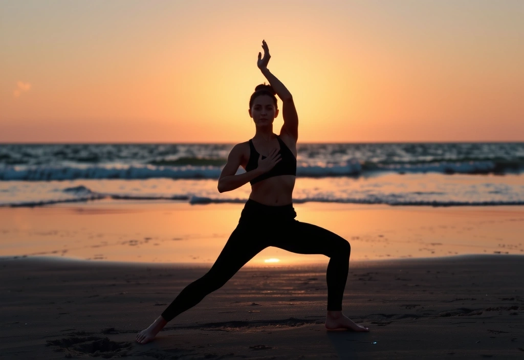 Person doing yoga pose on a beach at sunset