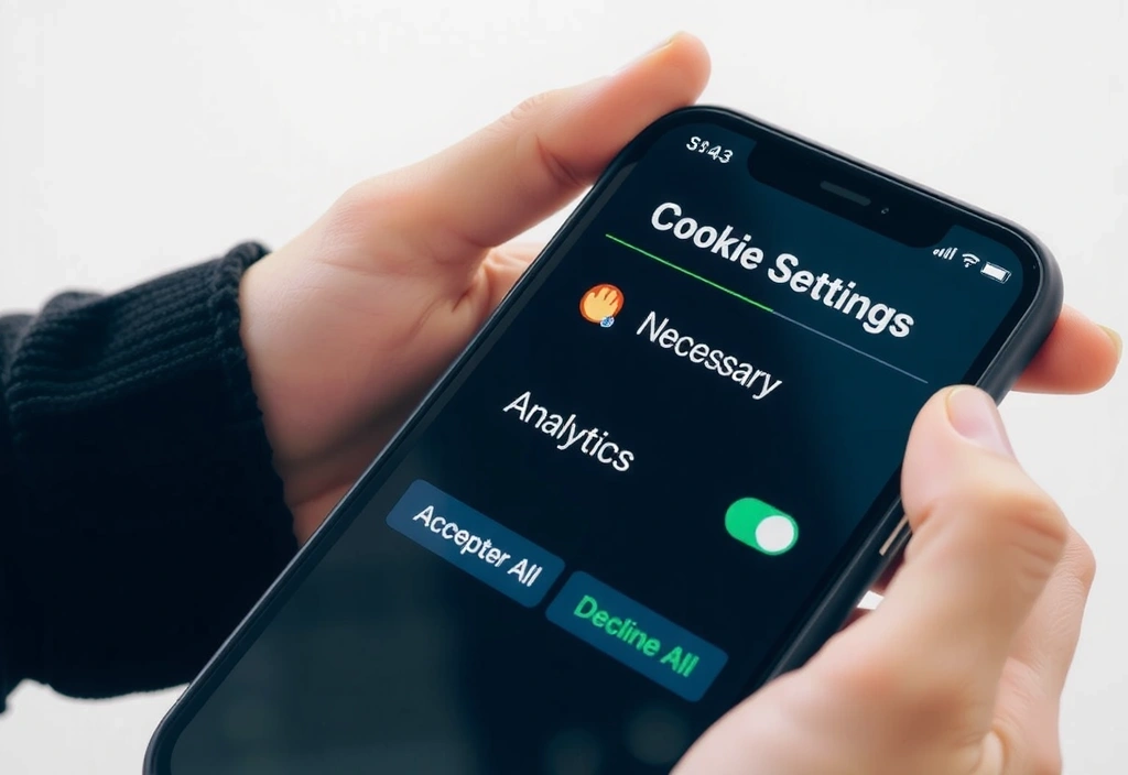 A hand holding a smartphone with cookie settings interface, showing options to accept or decline, symbolizing user control over data