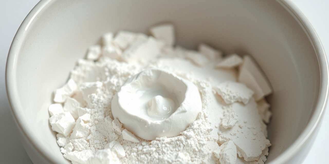Ceramic bowl filled with white clay powder with a few drops of water