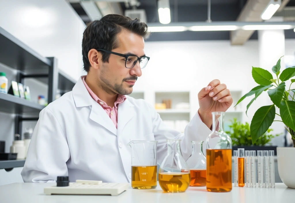 Scientist examining botanical extracts in a clean laboratory setting
