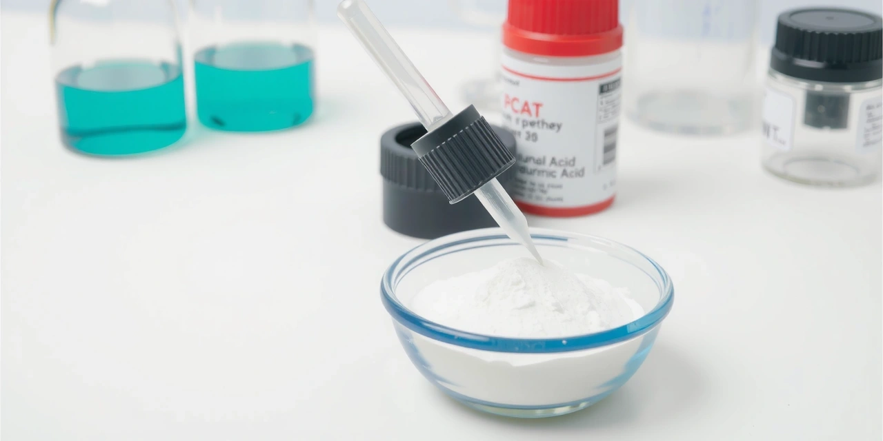 Small bowl of hyaluronic acid powder with a pipette, scientific background