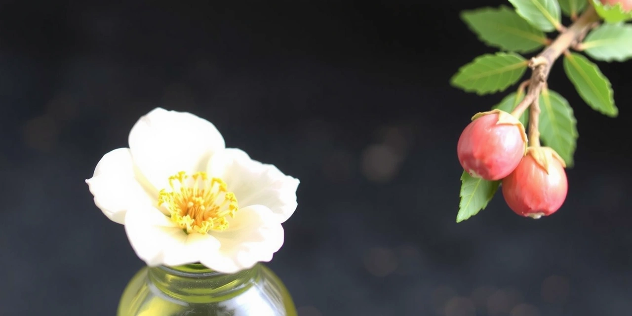 Small glass bottle of Rosehip Oil with a sprig of dried rosehips