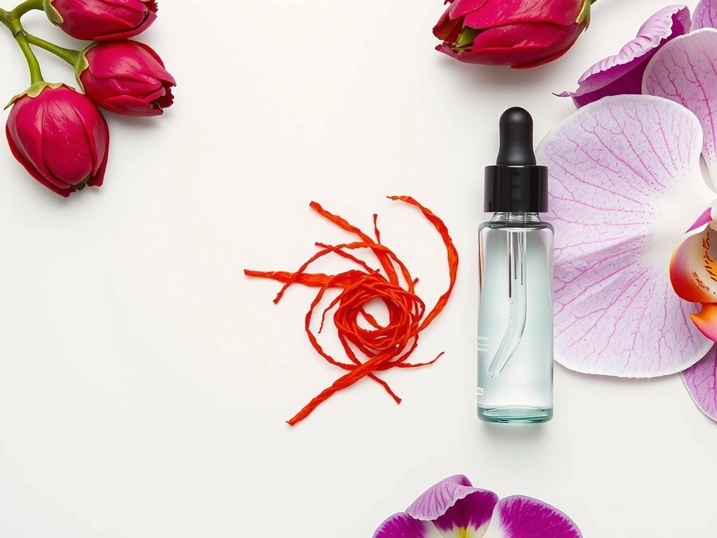 Close-up of natural botanical ingredients like rosehip, saffron threads, and orchid petals, beautifully arranged to convey purity and luxury.